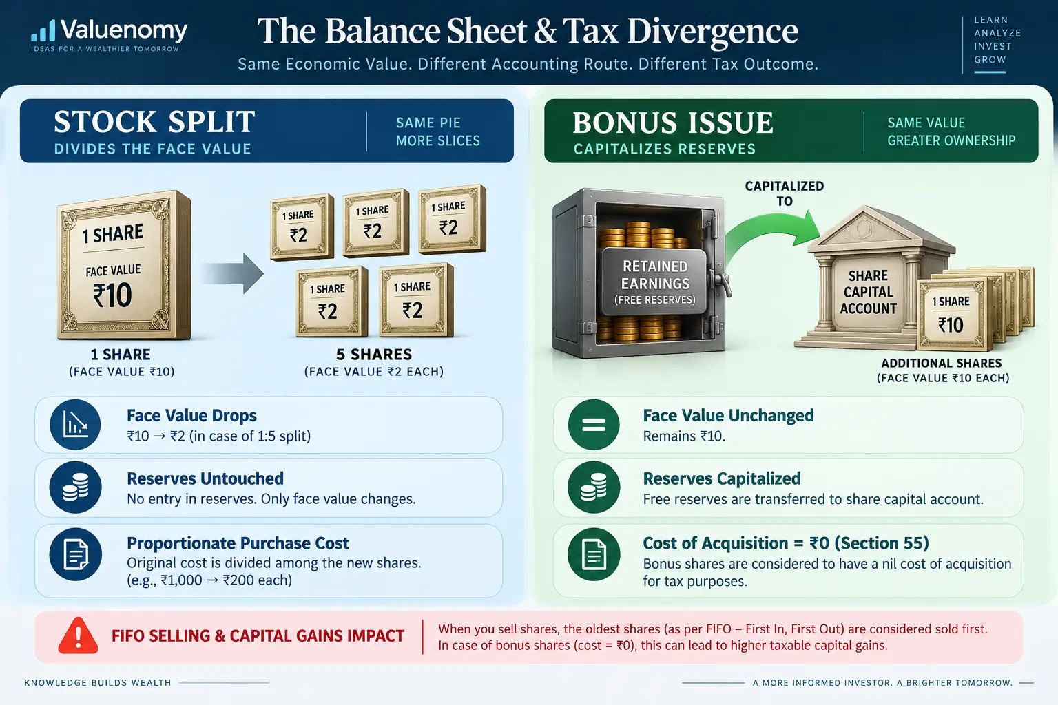 Comparison diagram of balance sheet impact and capital gains tax rules for stock split versus bonus shares in India